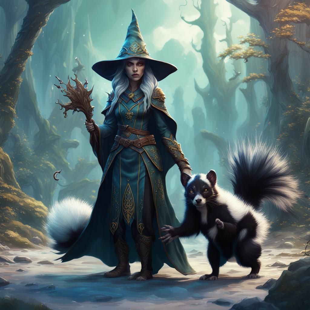 Elven Witch with Skunk Familiar, Detailed Digital Art