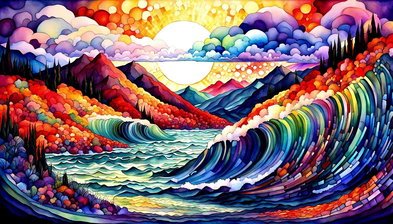 Psychedelic Watercolor Landscape with Contrasting Colors