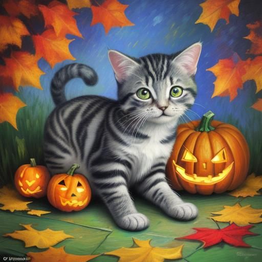 Happy Tabby Kitten with Jack-o'-Lantern in Autumn Light
