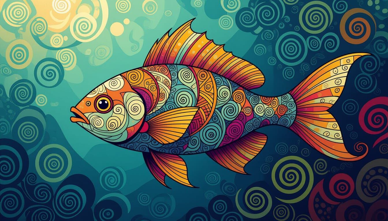 Zentangle Fish in Dreamlike Abstract Environment