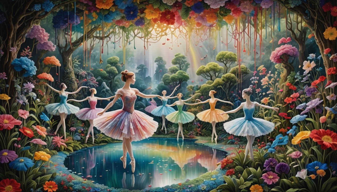 Rainbow Ballet in Magical Garden, Digital Art