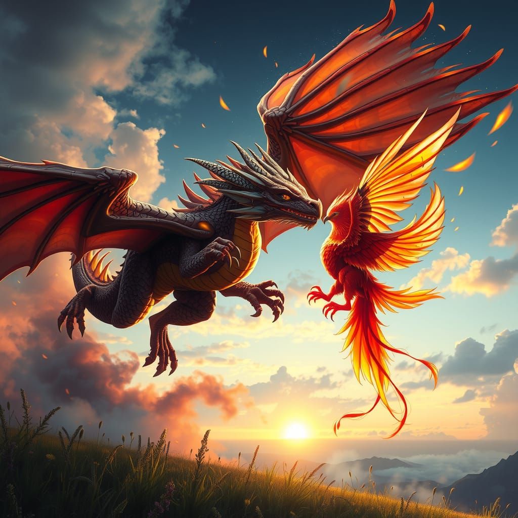 Epic Fire Dragon and Phoenix Battle at Dawn