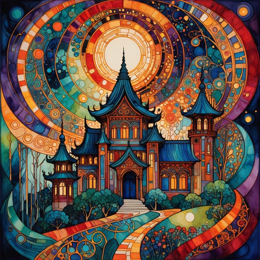 Abstract Temple in Swirling Colors, Art Nouveau Style