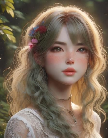 Realistic Boy Portrait with Green Hair and Glowing Eyes