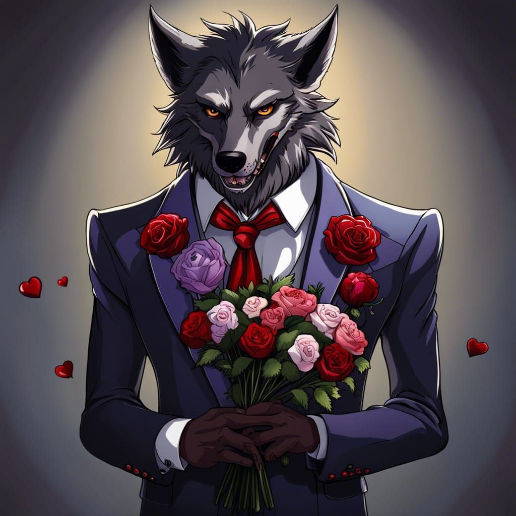 Anime Werewolf in Suit with Flowers