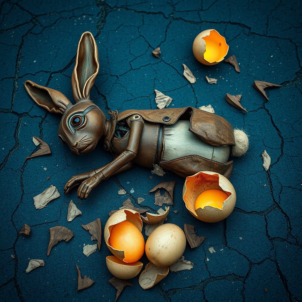 Distressed Puppet Shattered on Cobalt-Blue Asphalt