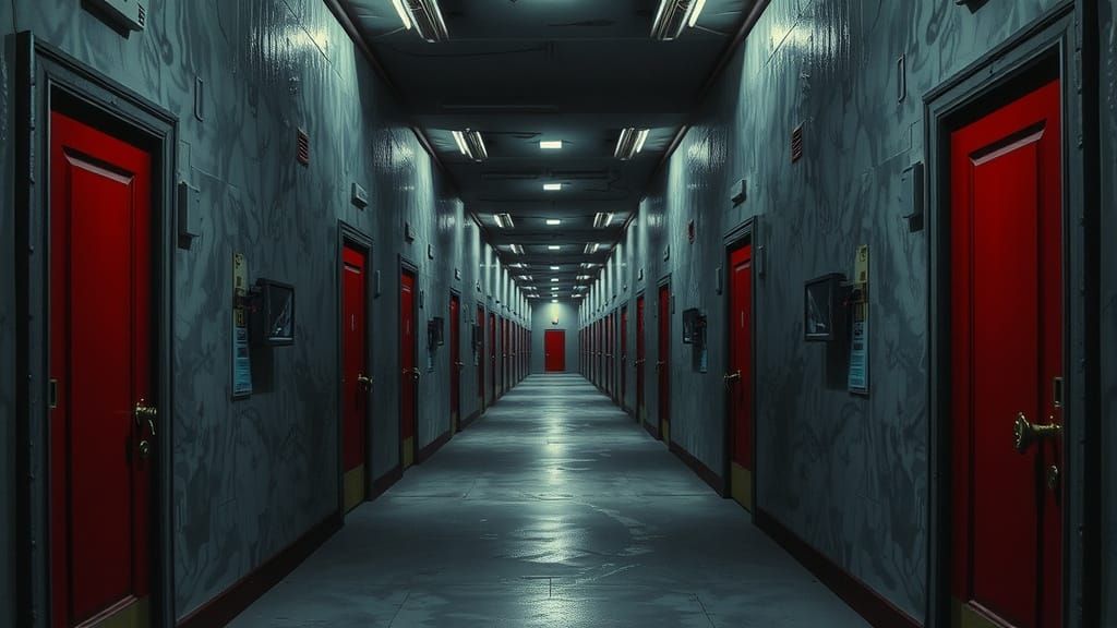 Endless Gray Corridor with Red Doors in Alcohol Ink Style