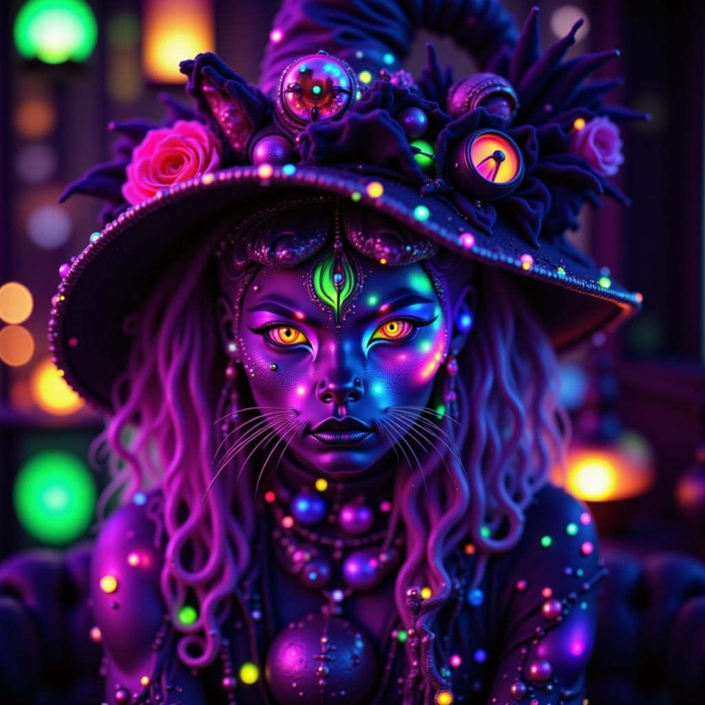 Adorable Witch Cat in Neon Blacklight Poster Style