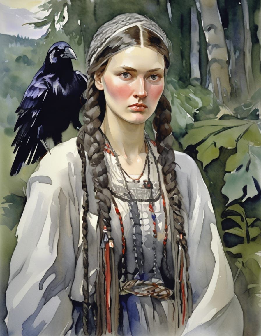Watercolor Portrait with Raven and Black Tears