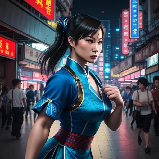 Chun-Li Fighting Stance in Hong Kong: Vibrant Digital Art