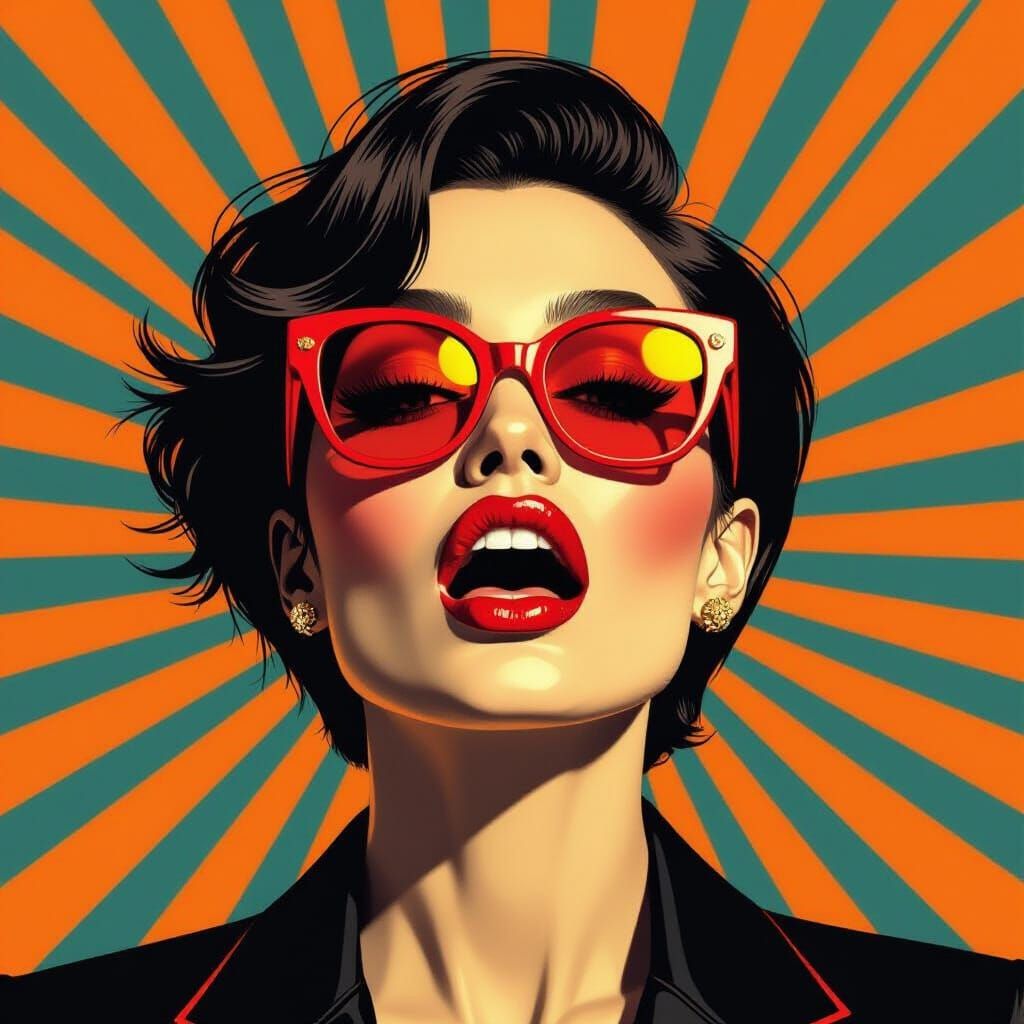 Pop Art Woman with Red Sunglasses and Geometric Shapes