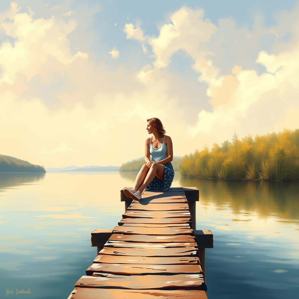 Couple on Dock at Lake in Luminist Style