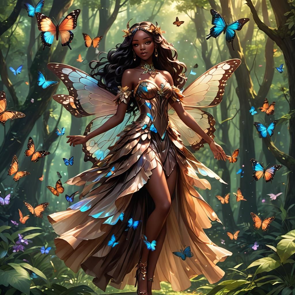 Butterfly Fairy in Lush Forest, 2D Illustration