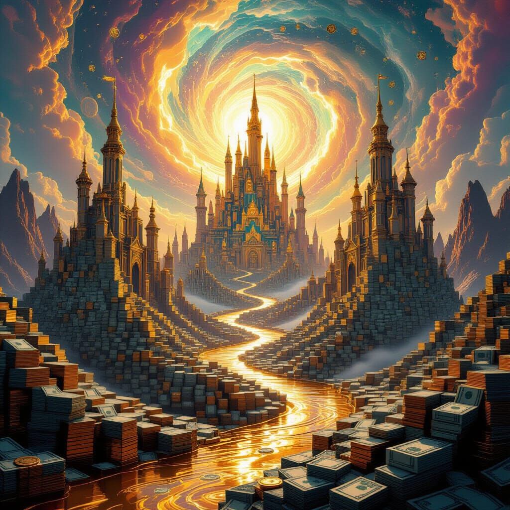 Surreal Gold Rivers & Banknote Castles in Ethereal Landscape