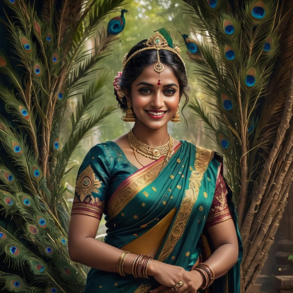 Serene Indian Woman with Peacock in Hyperrealistic Style