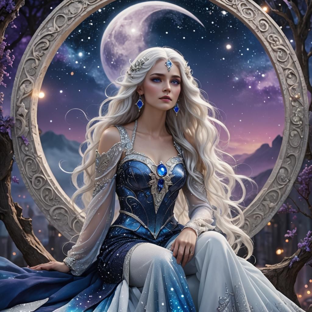 Celestial Moon Goddess on Crescent Moon, Digital Art