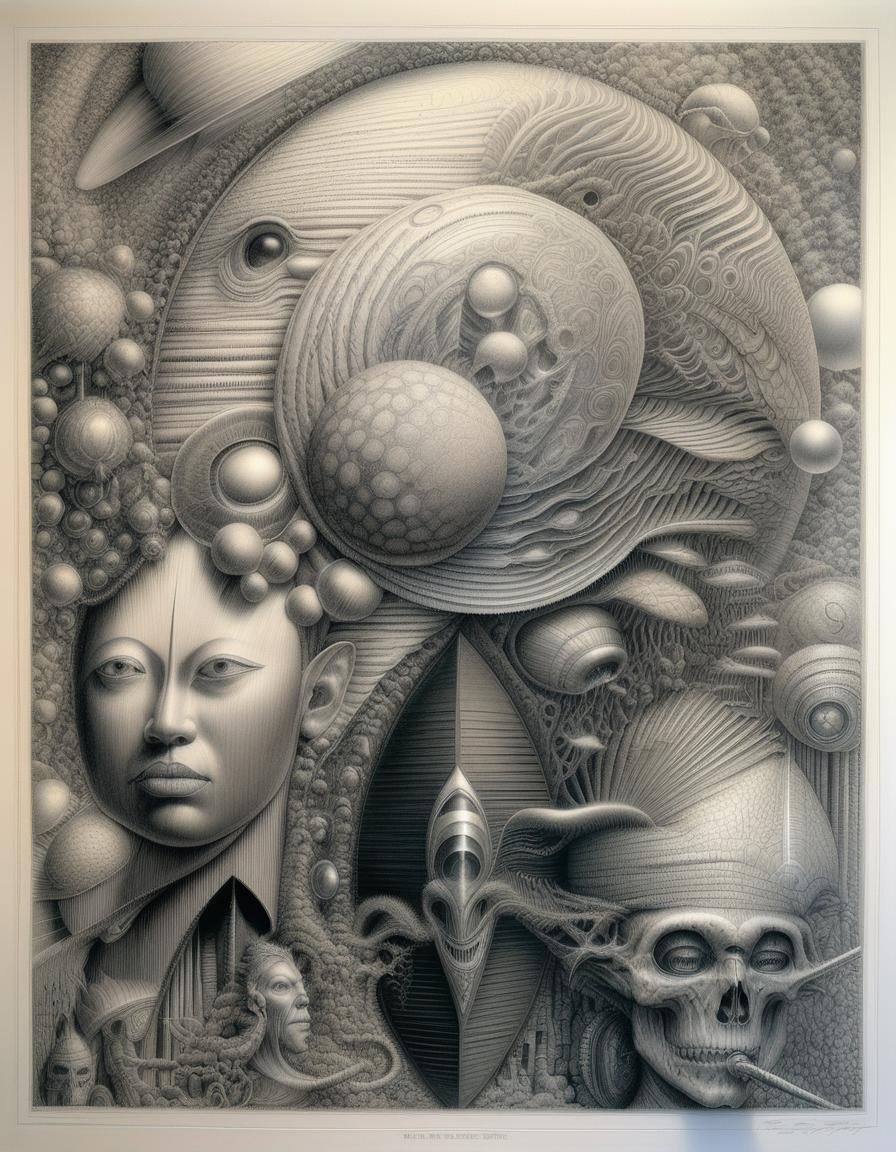 Surreal Cyborg Fantasy Pencil Drawing in Visionary Style