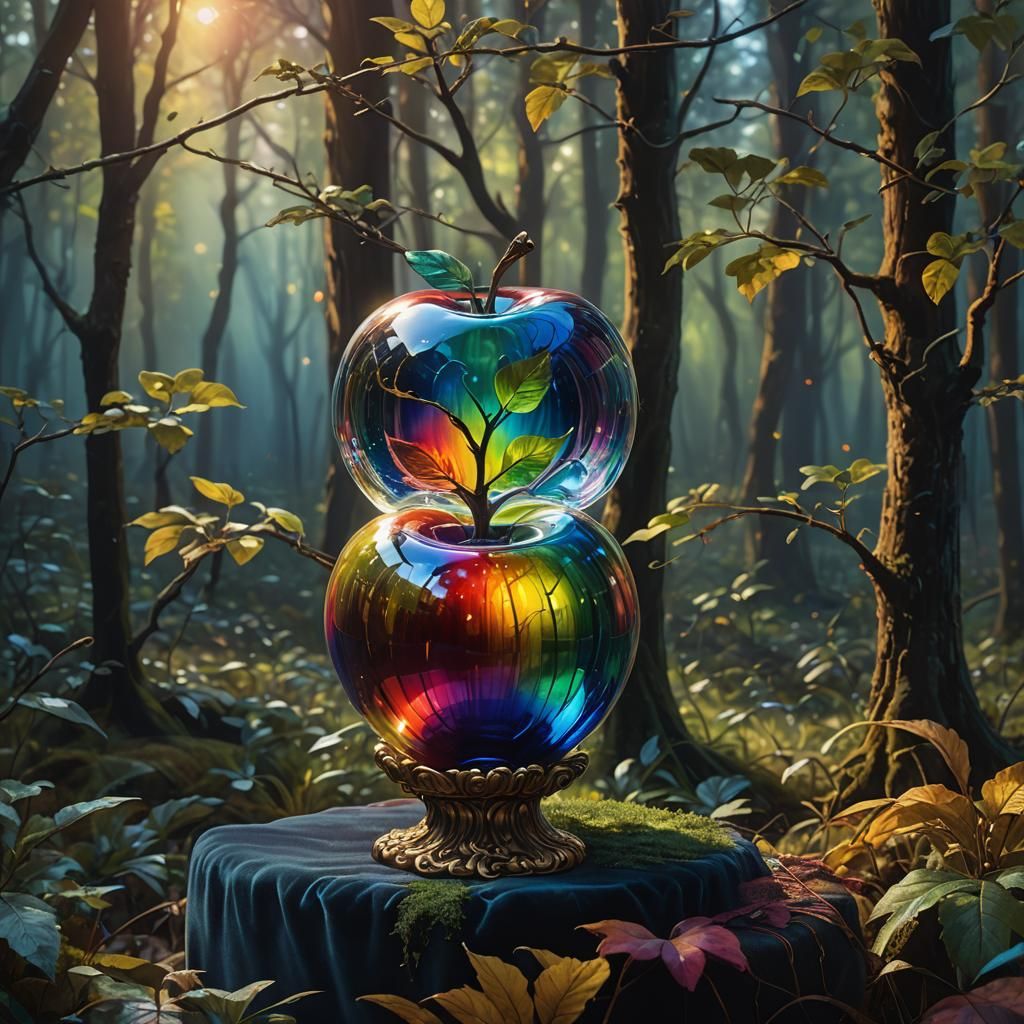 Rainbow Glass Apple in Mystical Forest