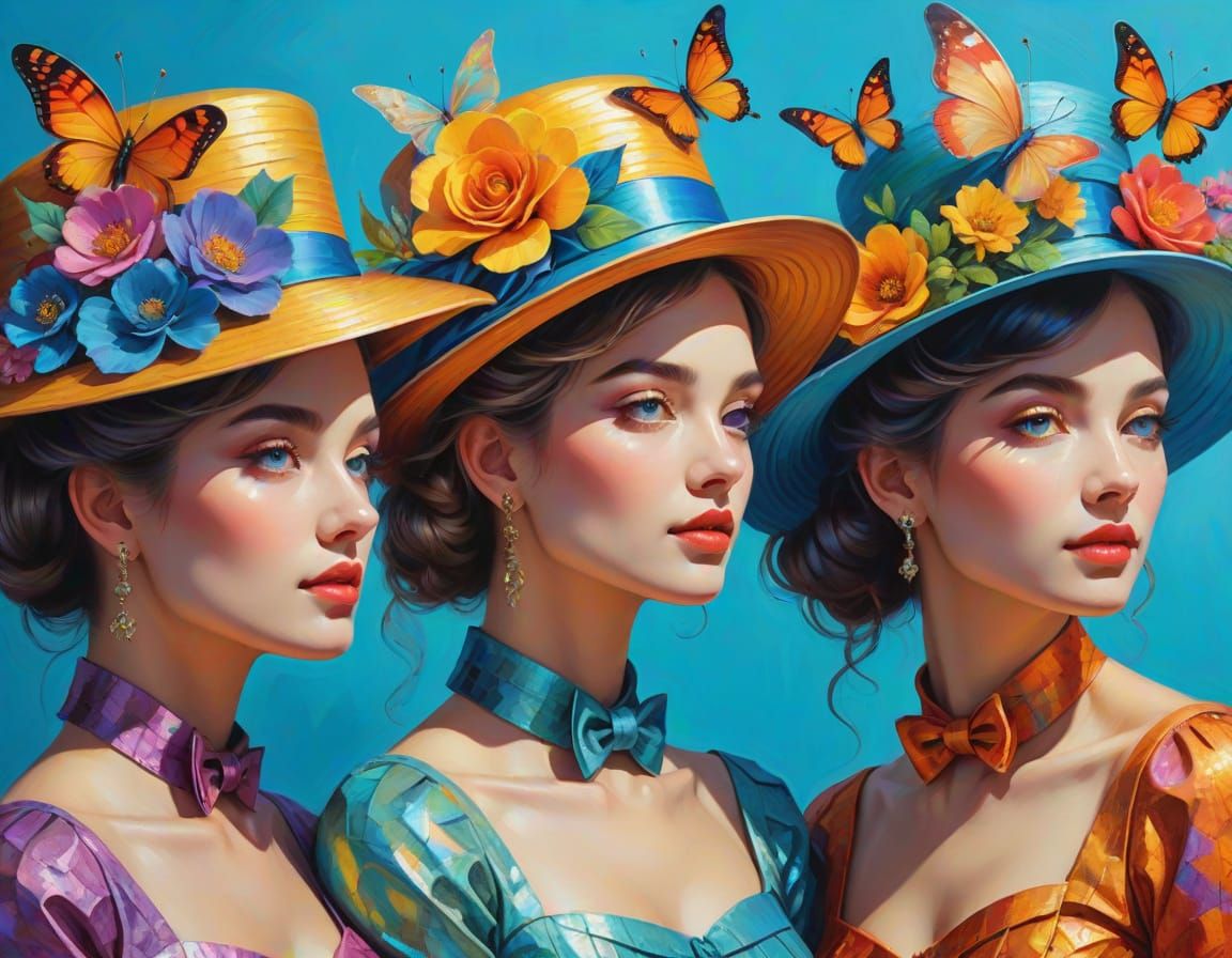 Three women's faces in side profile, adorned with vintage ha...