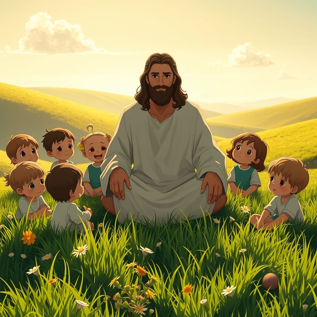 Whimsical Jesus Teaches Children in a Vibrant Studio Ghibli-...