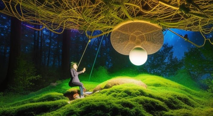 Woman Gazing at Sphere in Fungi Network, Digital Art