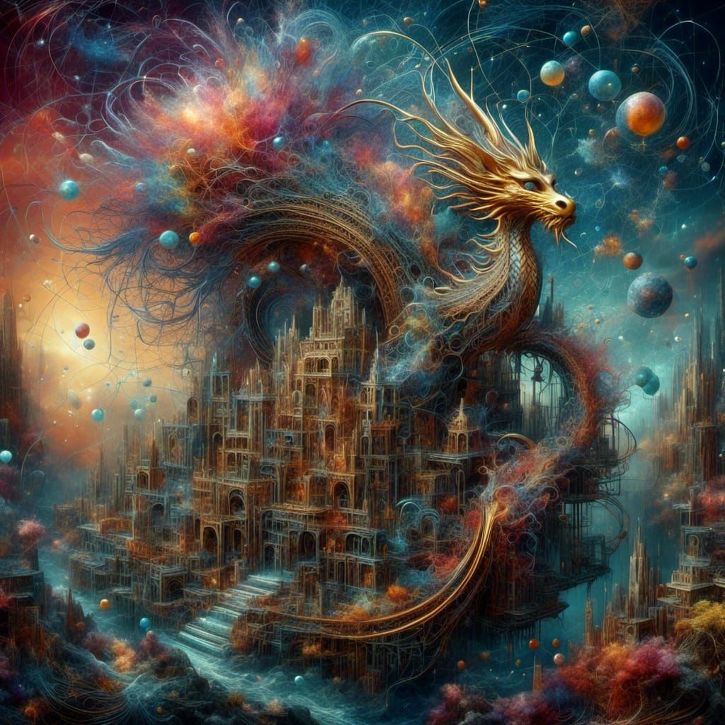 Colorful Surreal Dream Realm with Dragon and Fairy