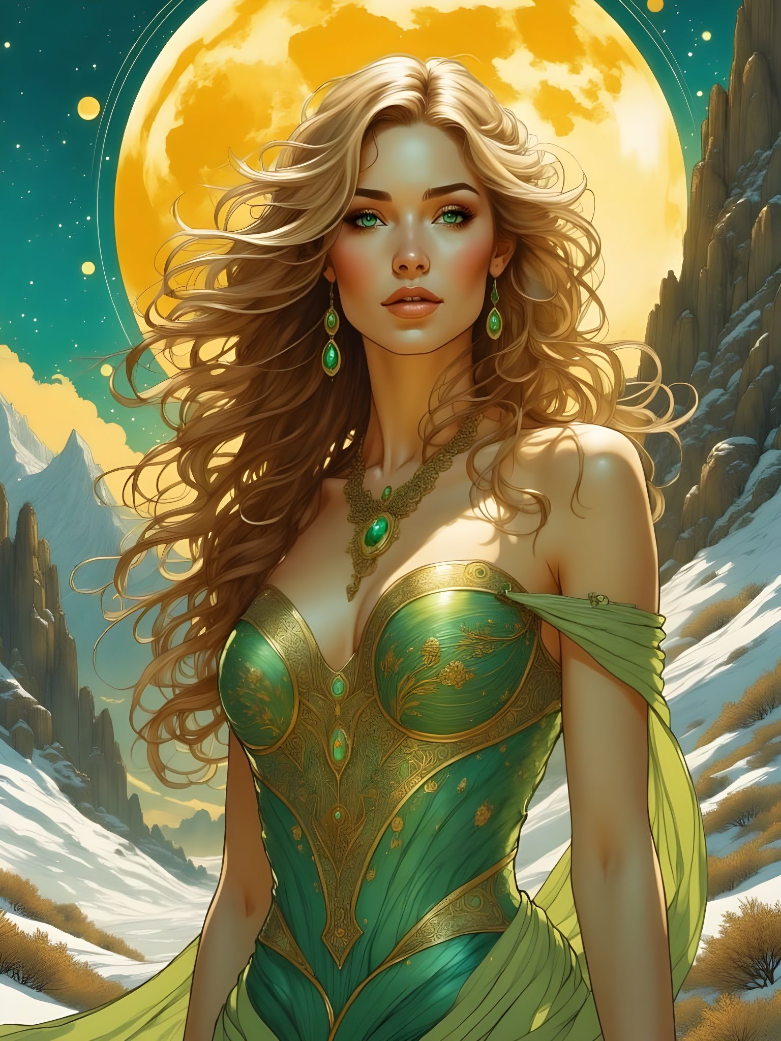 Norse Goddess Under Golden Moonlight