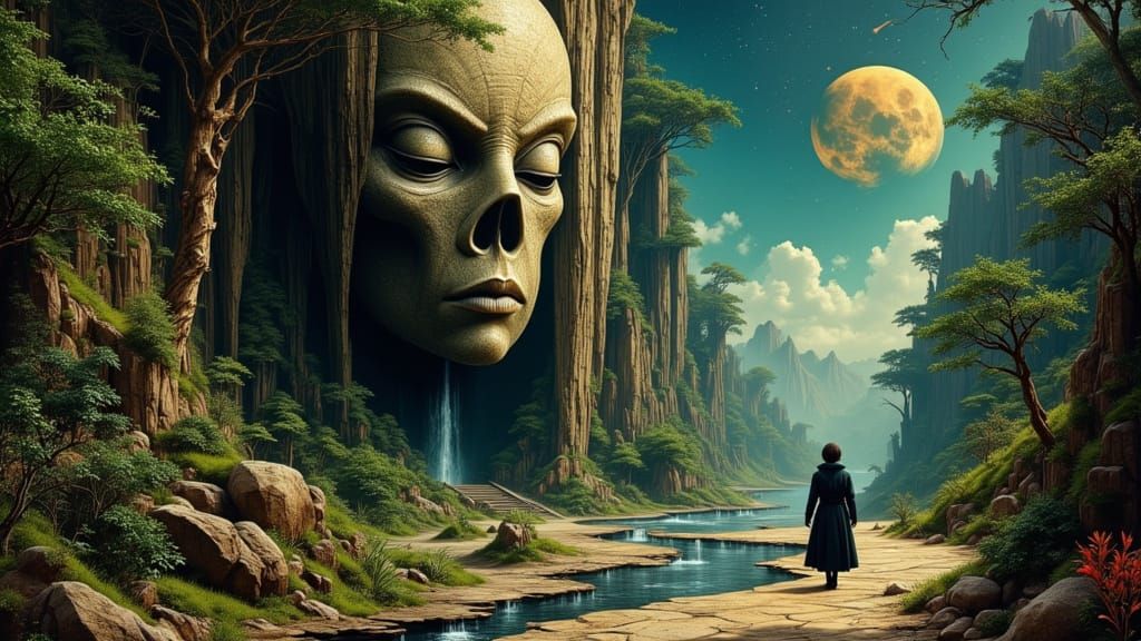 Alien Jungle Planet with Stone Face in Gritty Noir Style
