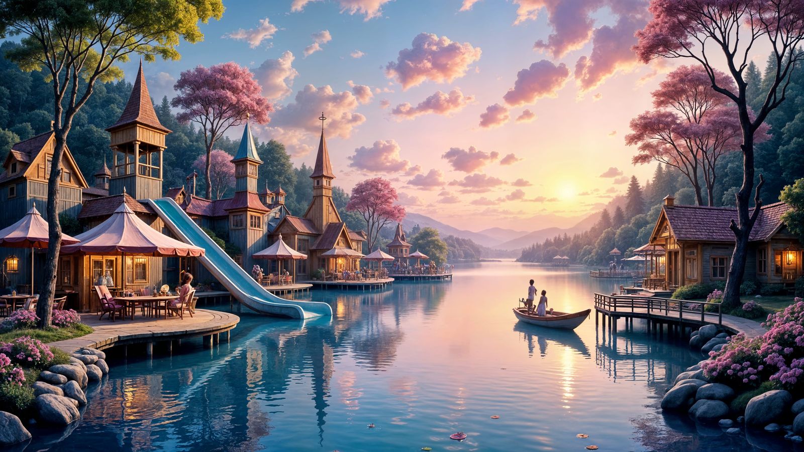Watercolor Amusement Park on a Serene Lake