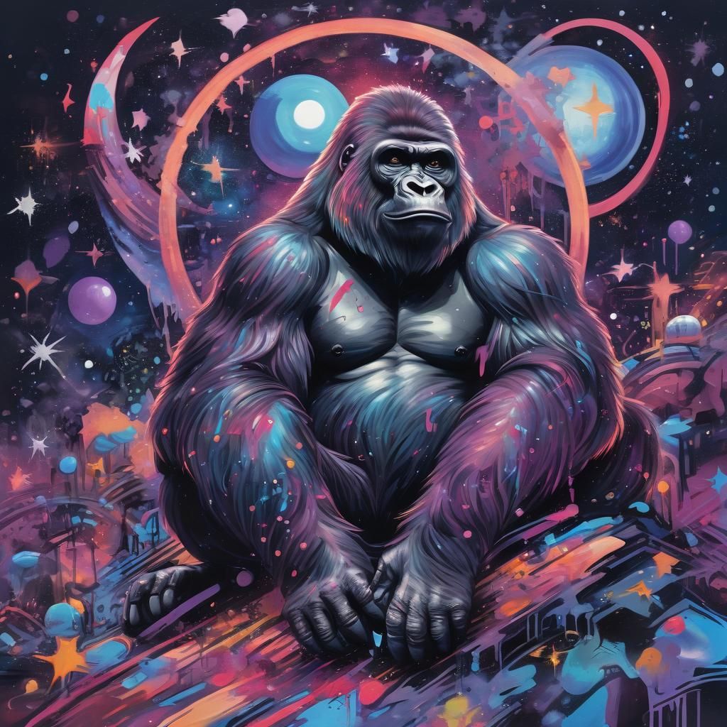 Gorilla in Starry Space: Graffiti Art Style