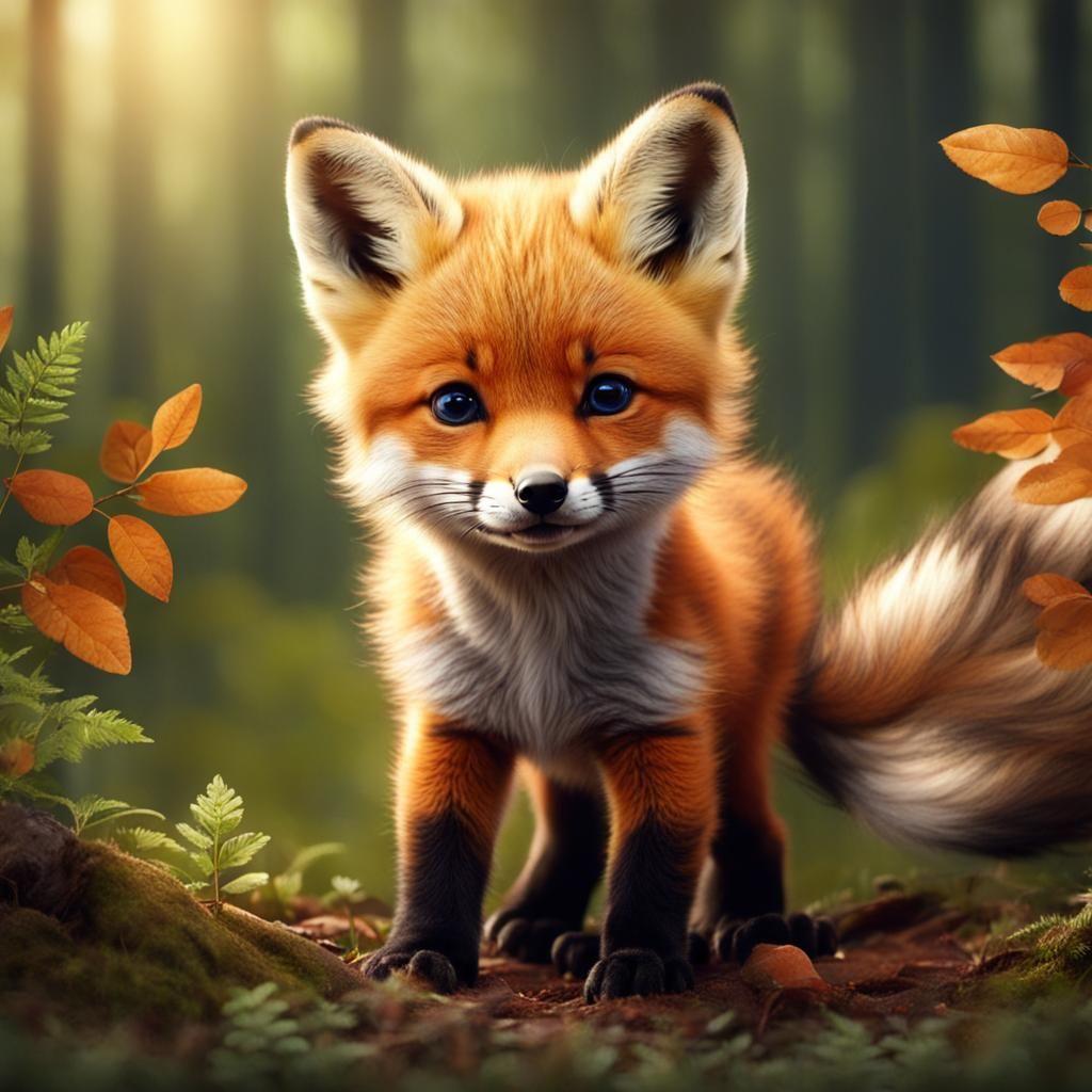 Adorable Baby Fox in Forest Scene