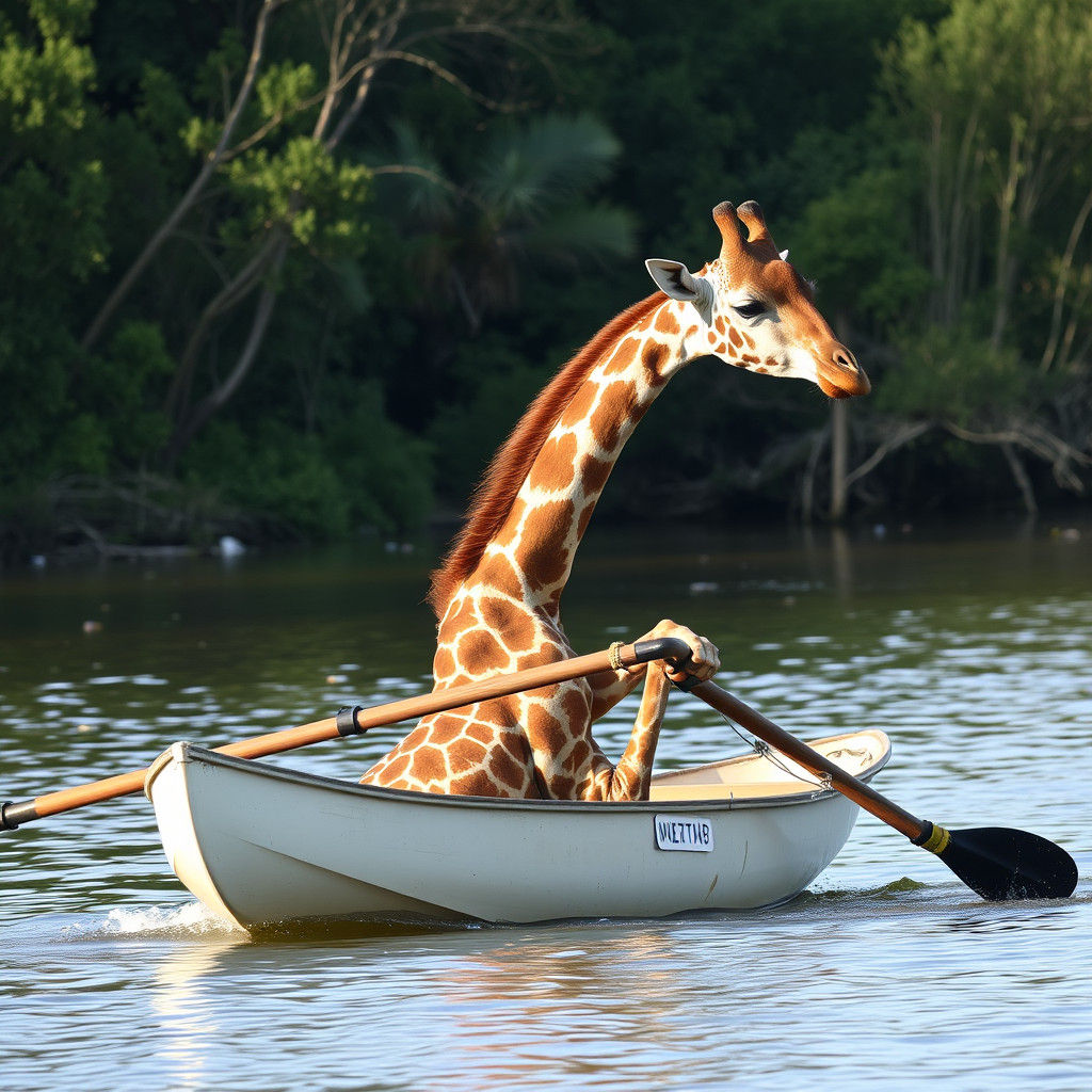 Giraffe Oarsman on a Rowing Boat