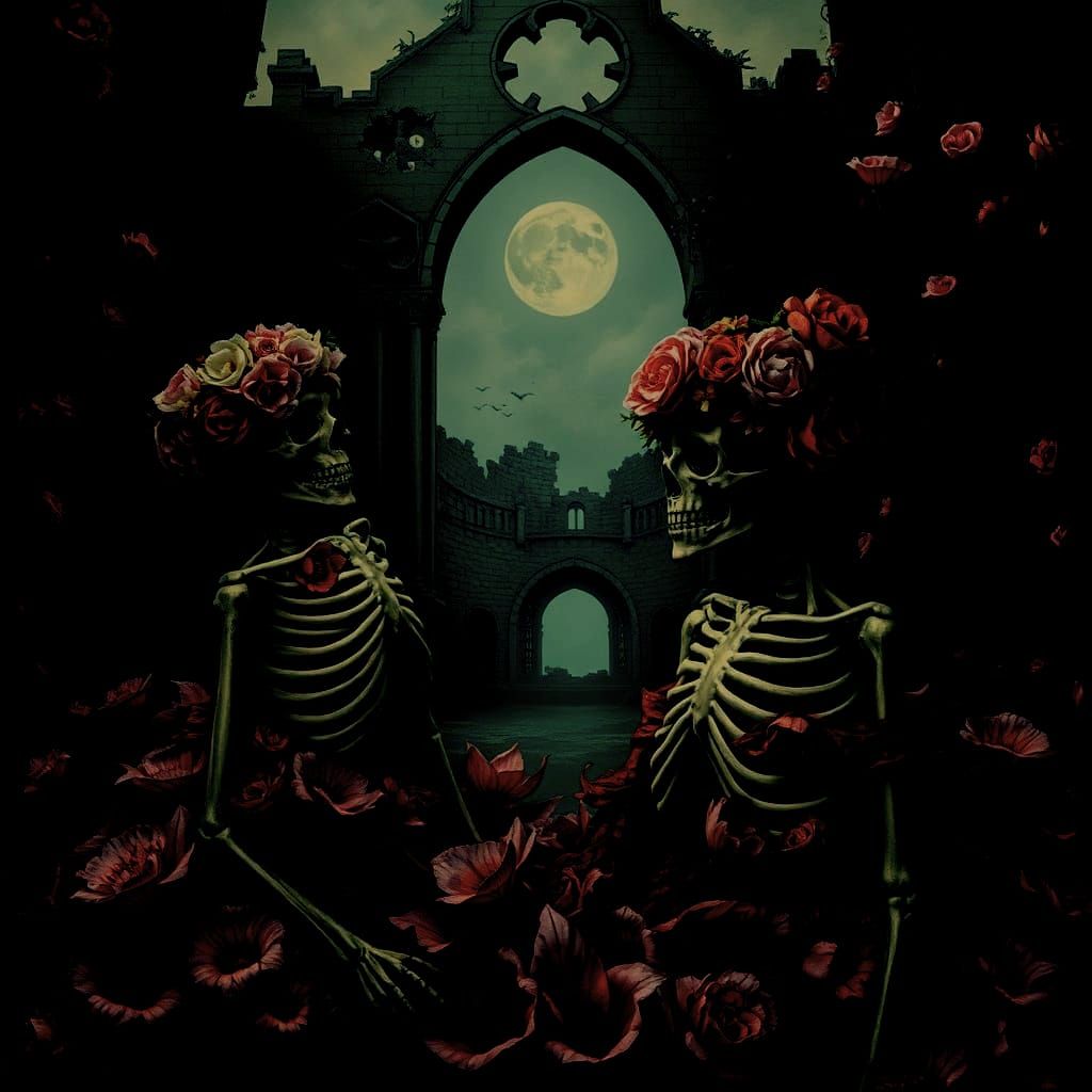 Floral Skeletons in Ruins: Dark Elegance and Realism