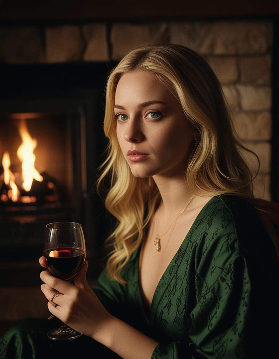Pensive Blonde Woman by Fireplace: Cinematic Film Still