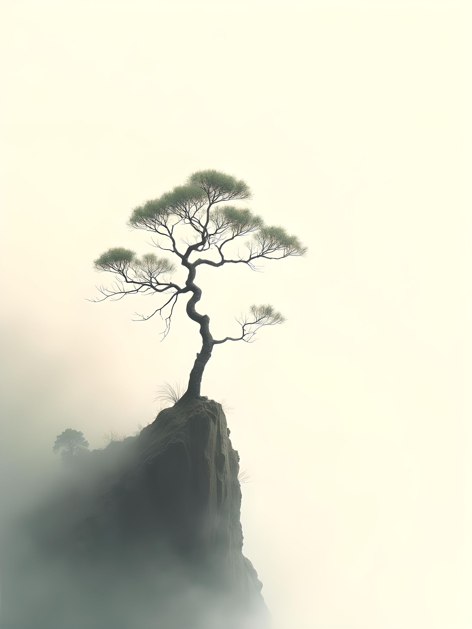 Minimalist Chinese Ink Pine Tree on Cliff