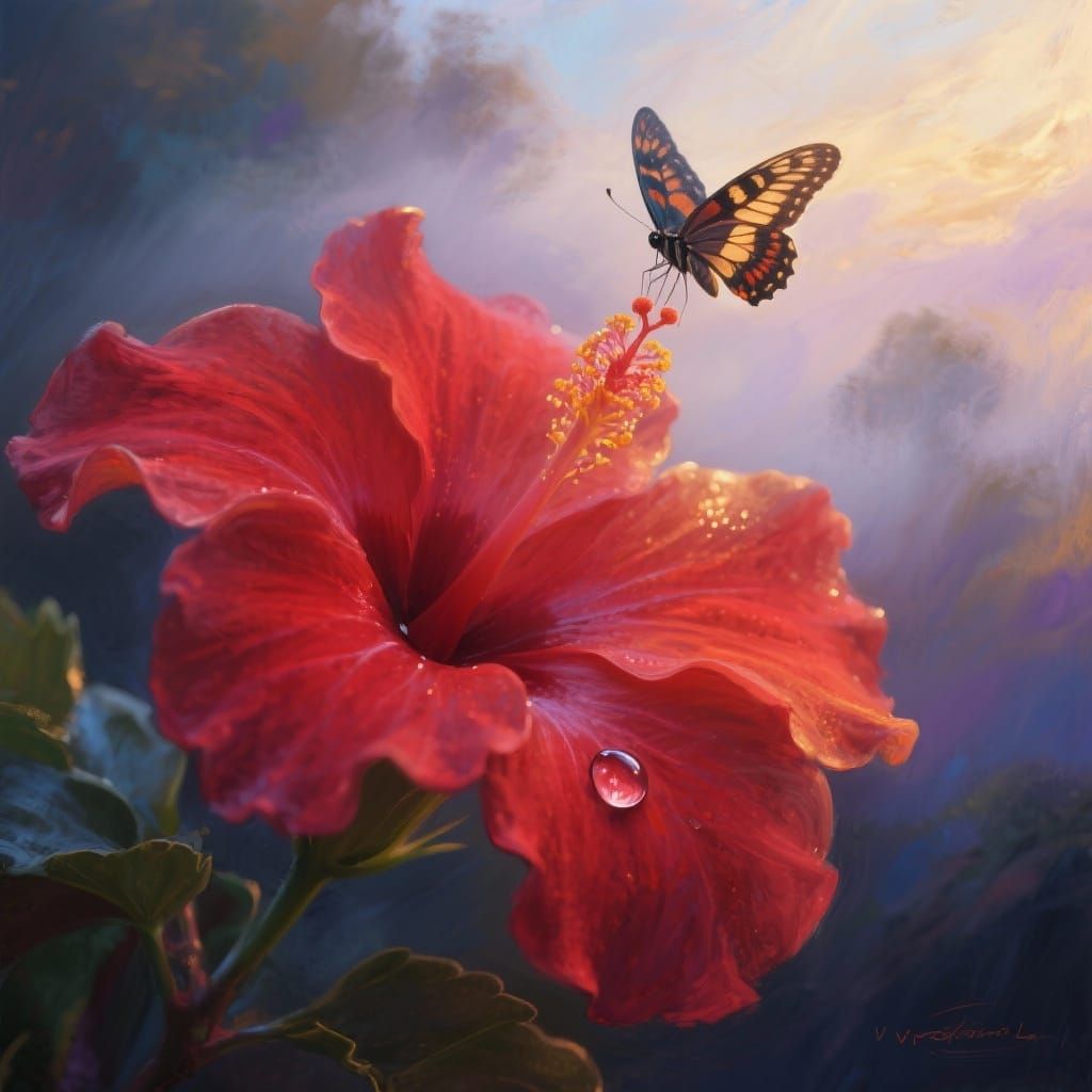 Surreal Macro Hibiscus in Morning Mist with Butterfly
