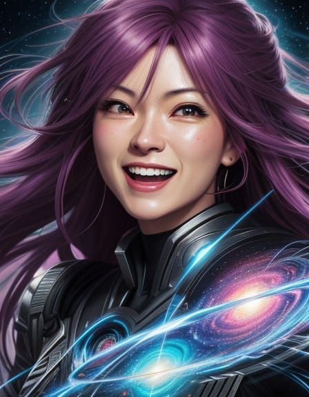 Laughing Chibi Woman in Cosmic Anime Comic Art