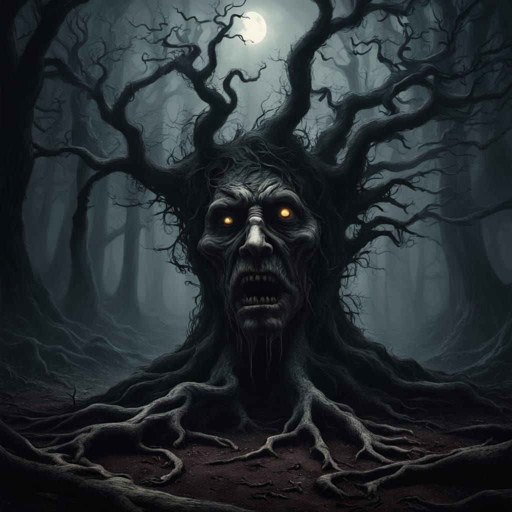 Surreal Descent into Darkness, Twisted by Gnarled Roots