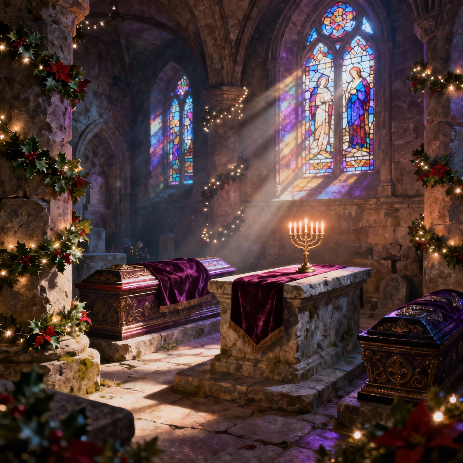 Magical Christmas Crypt Illuminated by Ethereal Sunshine