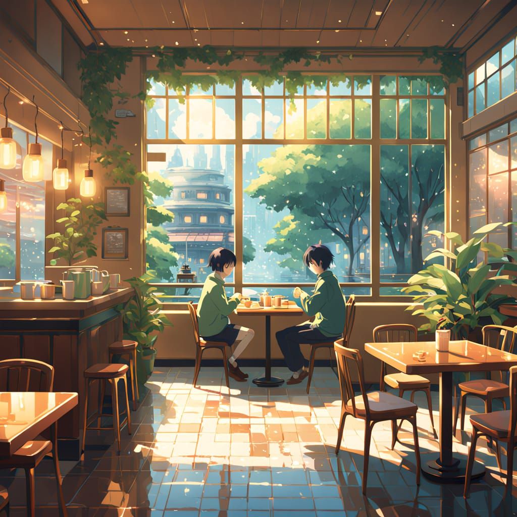 Whimsical Café Scene with Rainy Cityscape