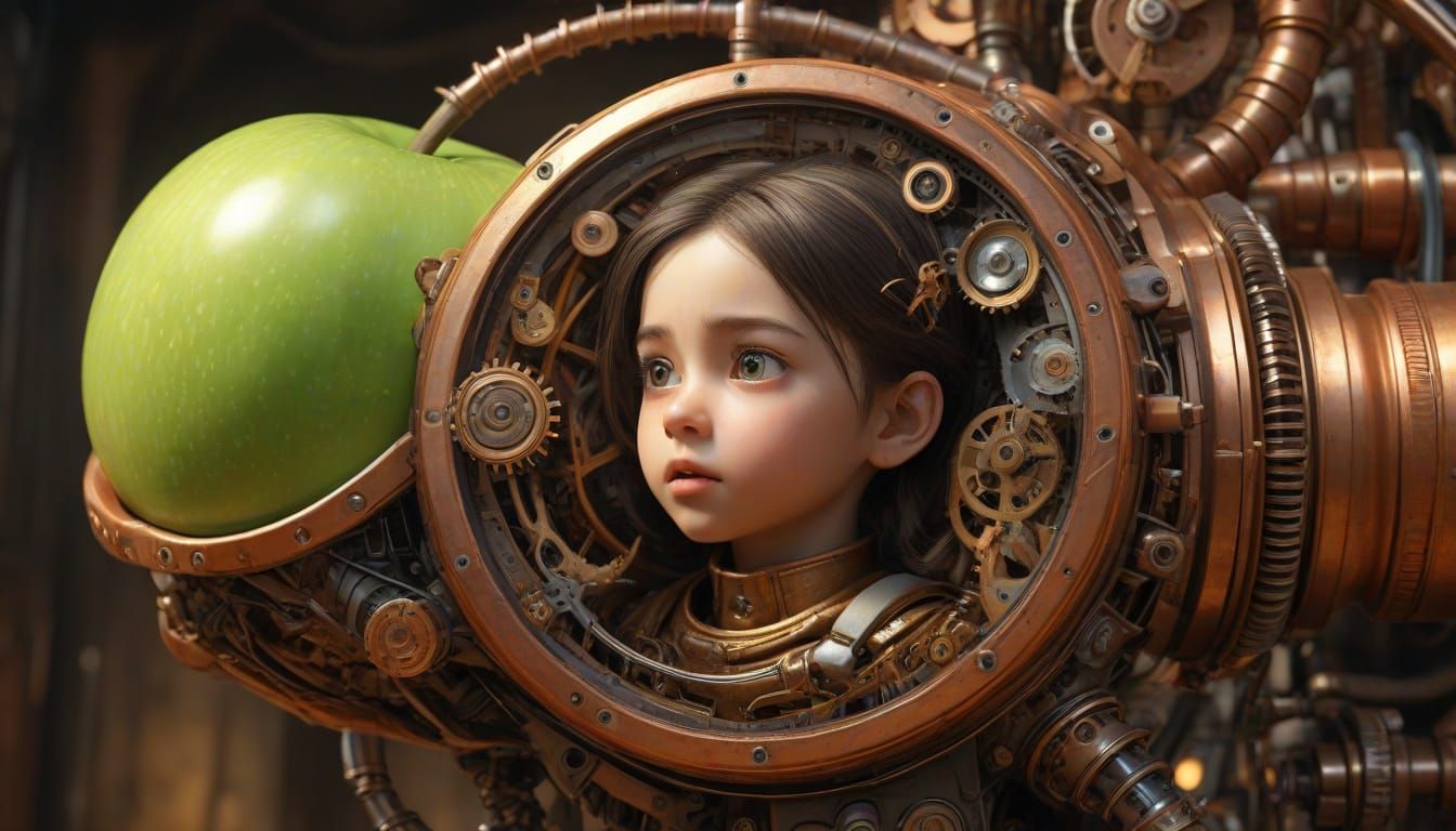 Steampunk Mechanical Kid Meets Worm in Shining Apple