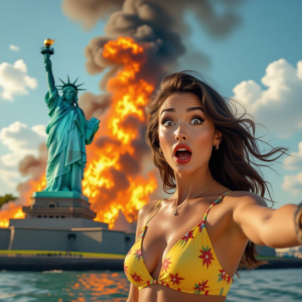 Statue of Liberty on Fire: A Dystopian Selfie