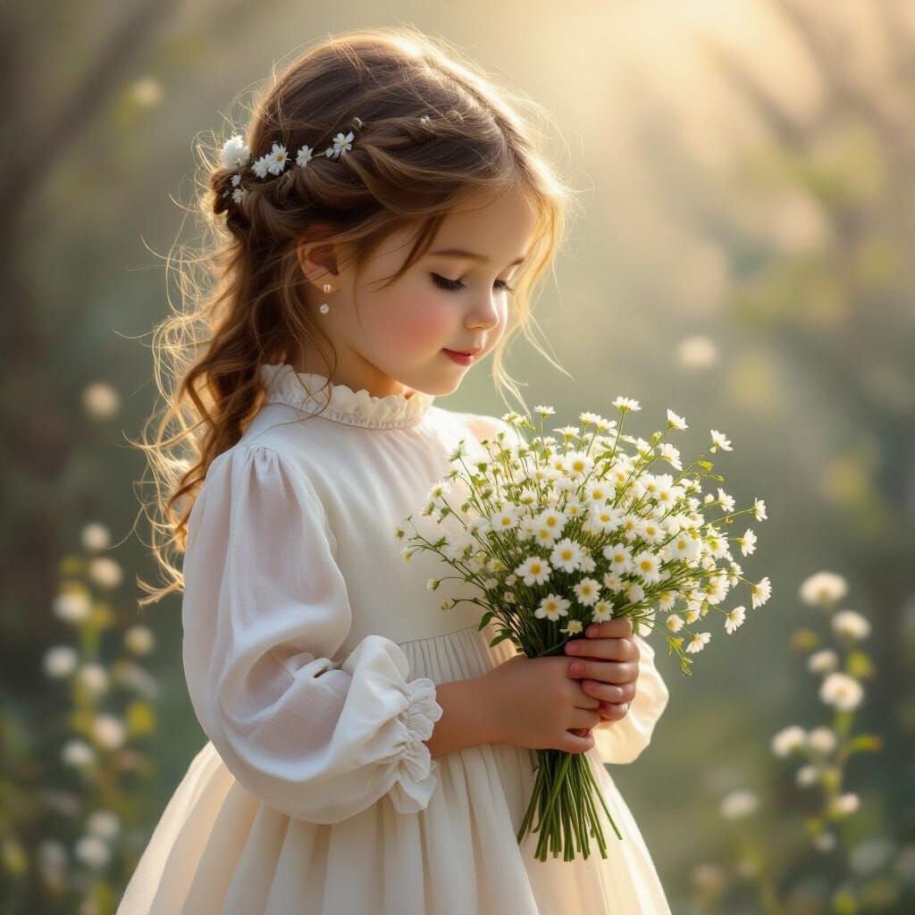 Girl in Muslin Dress Holds Flower Bouquet in Ethereal Light