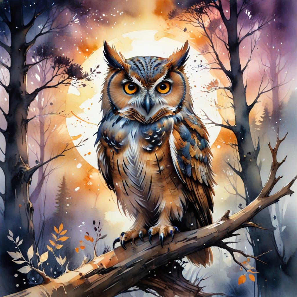 Moonlit Owl in a Twilight Woodland Scene