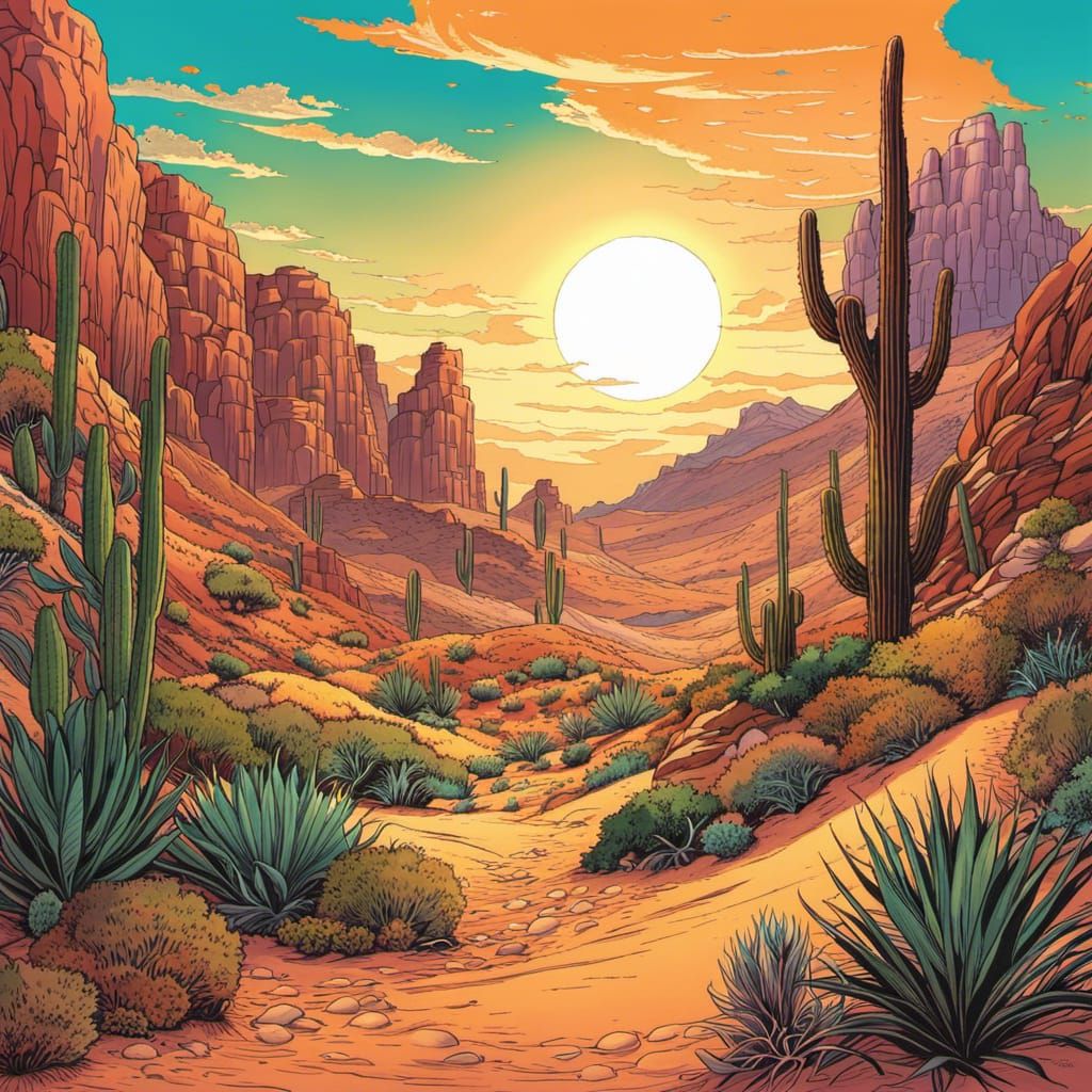 Ethereal Desert Sunset in Graphic Novel Style