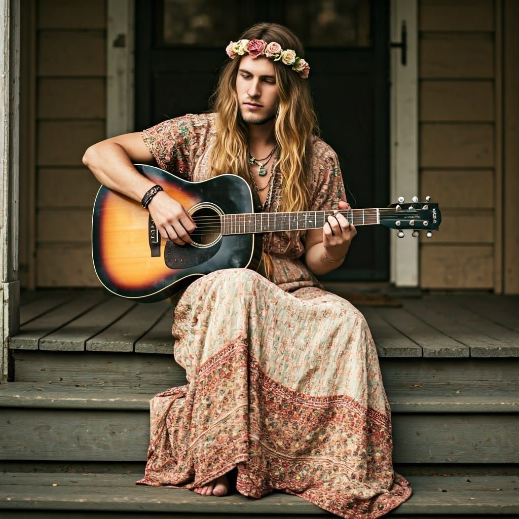 Bohemian Man with Guitar on Porch, Cinematic Still