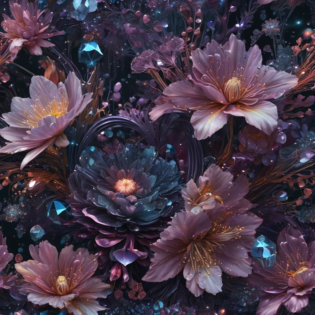 Holographic Flowers with Crystalline Details in Mixed Media