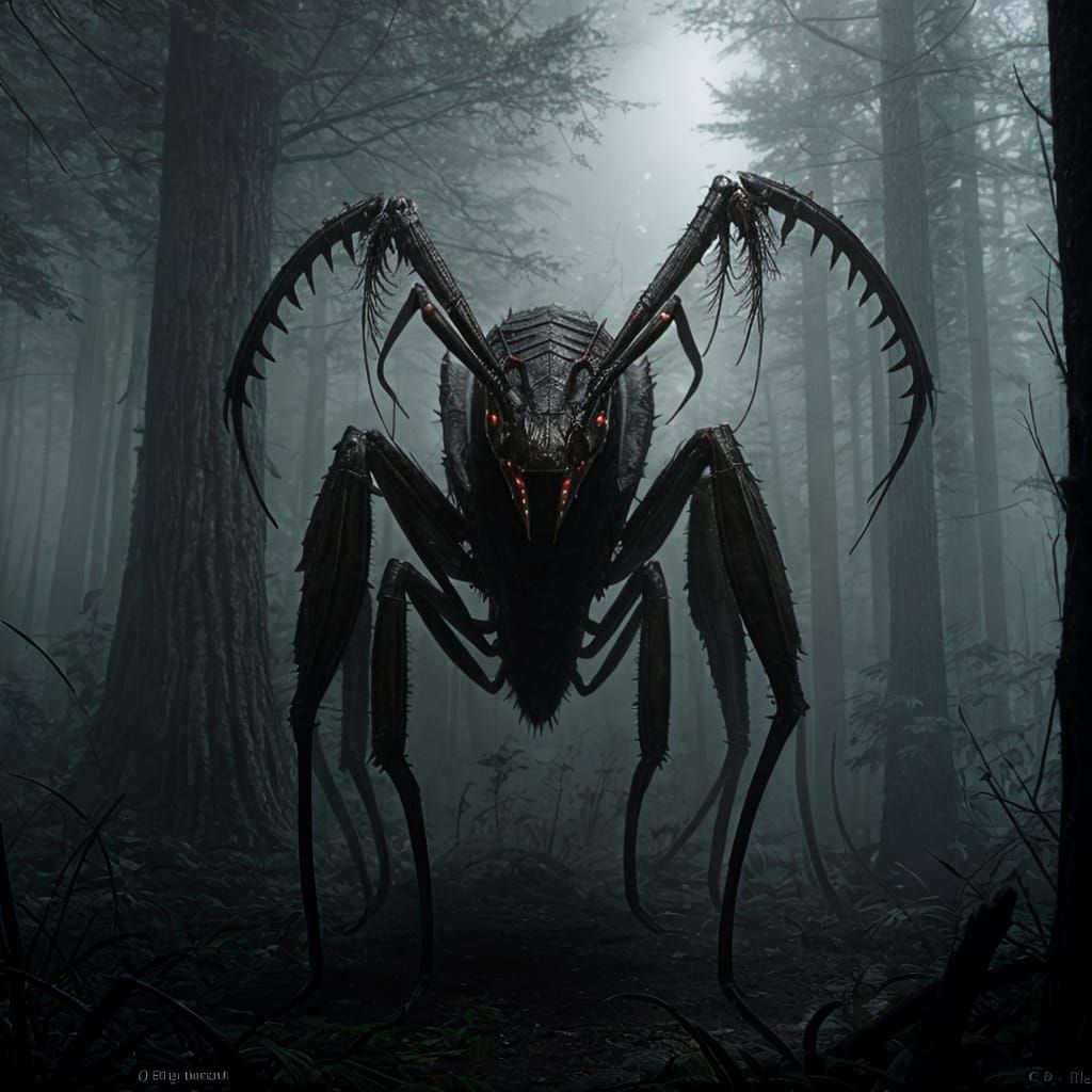 Giant Mantis in Dark Forest, Hyperrealistic CryEngine Art