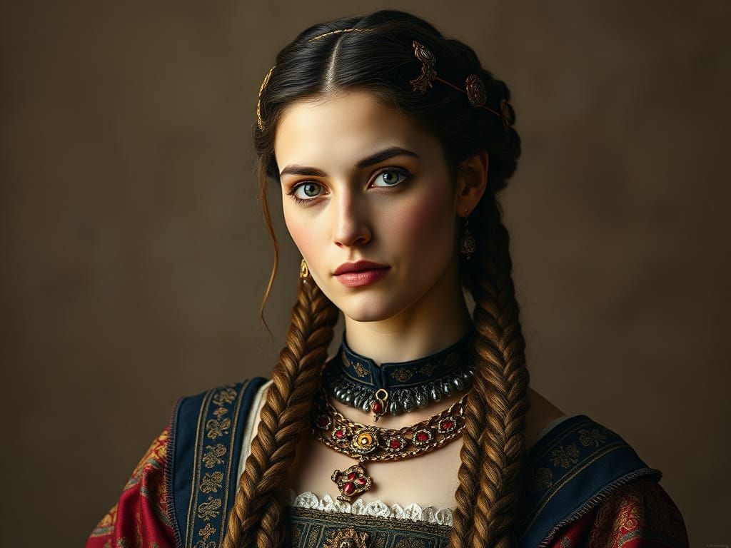 Beautiful woman dressed in 770s A.D. fashion and wearing hairstyle 770s A.D. 8k resolution concept composite photograph
