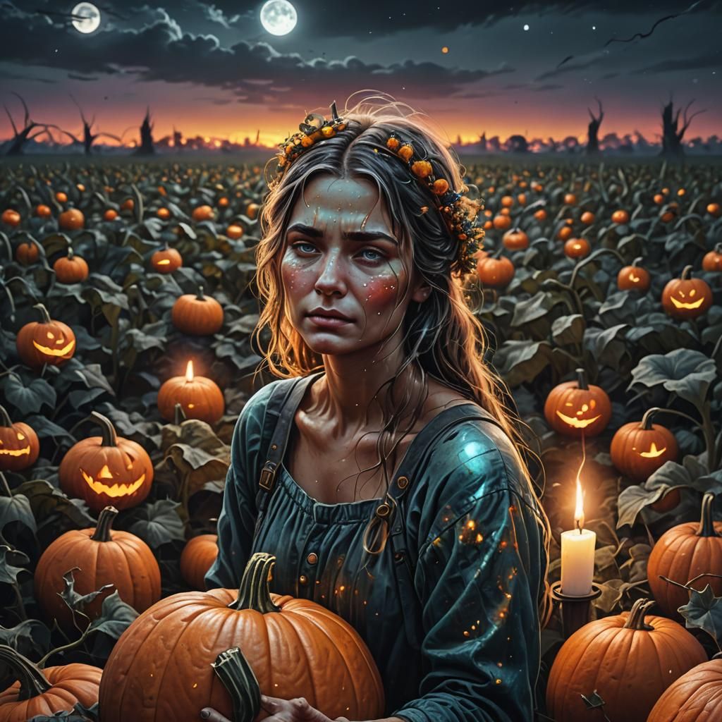 Pumpkin Woman Crying in Field: Hyperrealistic Astral Illustr...